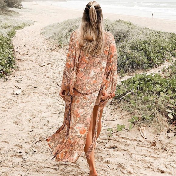 New Boho Floral Kimono Blue Maxi Duster Cardigan - Picture 6 of 11